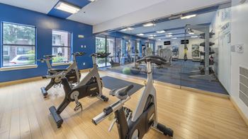 A gym with treadmills and other exercise equipment in a building